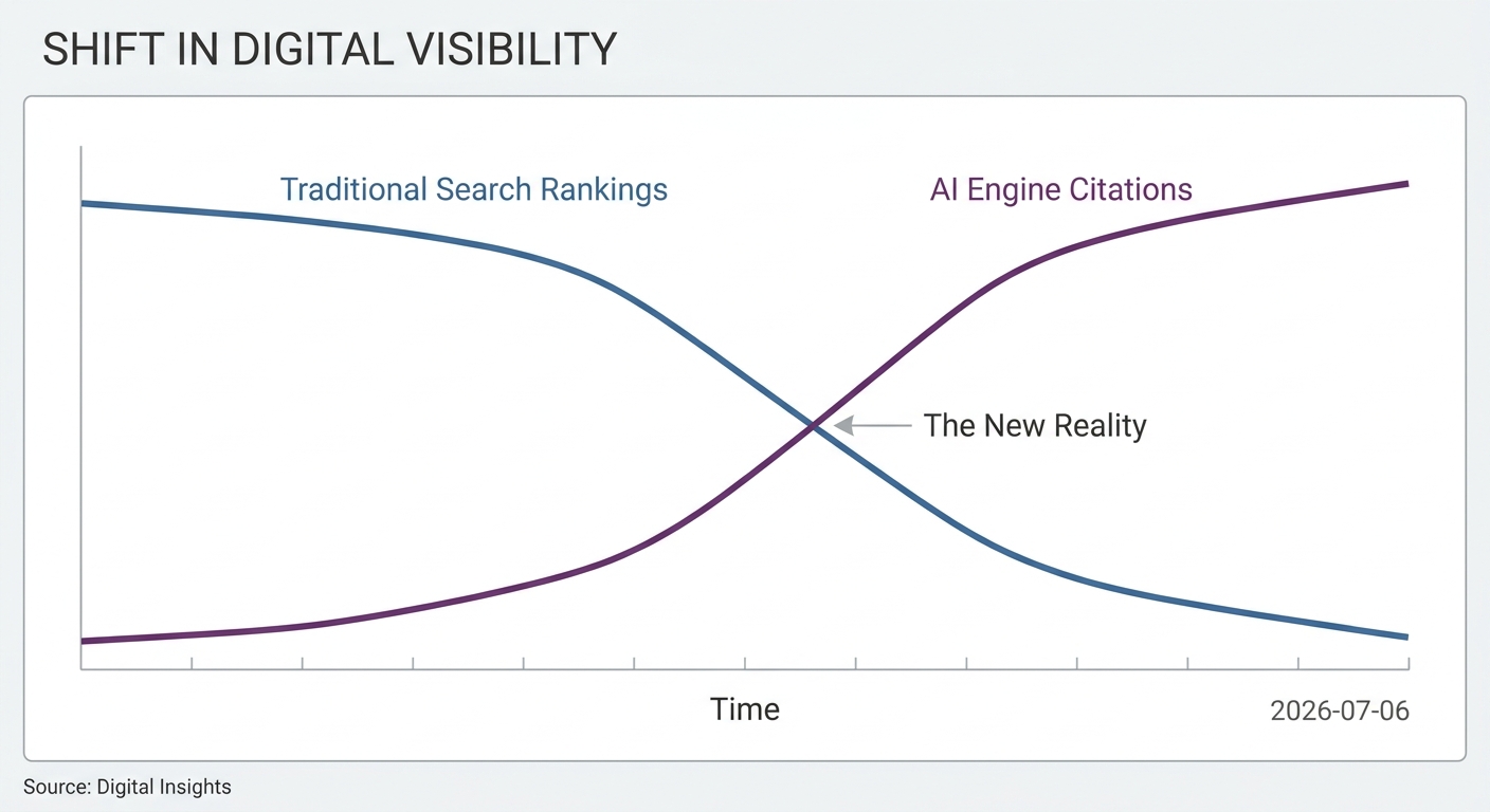 Line chart showing the decline of traditional search rankings and the simultaneous rise of AI engine citations over time.