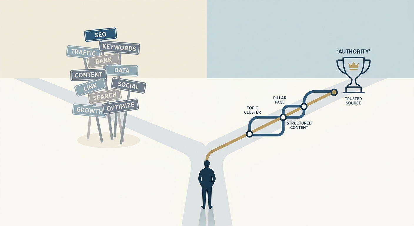 A metaphor for topical maps: a clear subway map guiding a user to authority, contrasted with confusing keyword road signs.