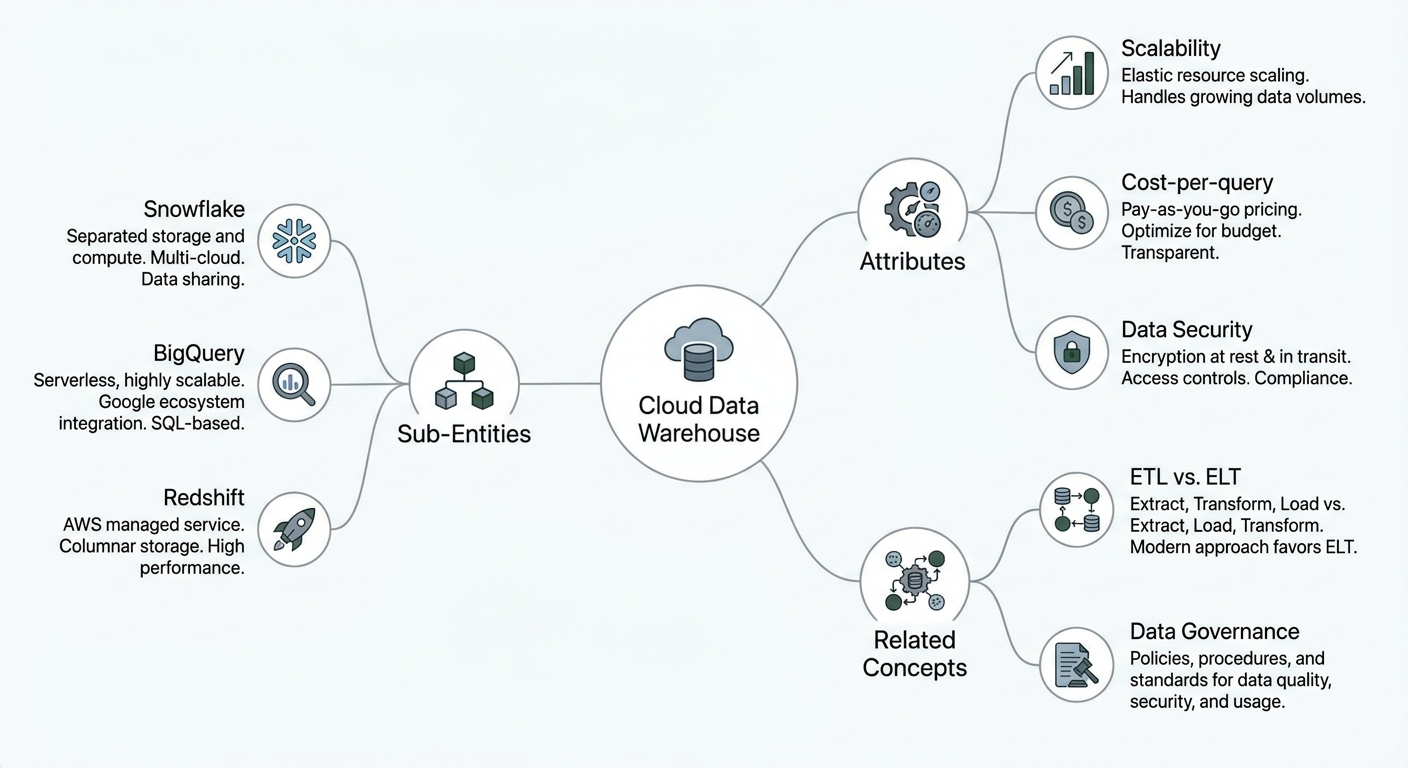 Mind map of the semantic cluster for 'Cloud Data Warehouse', showing sub-entities, attributes, and related concepts.