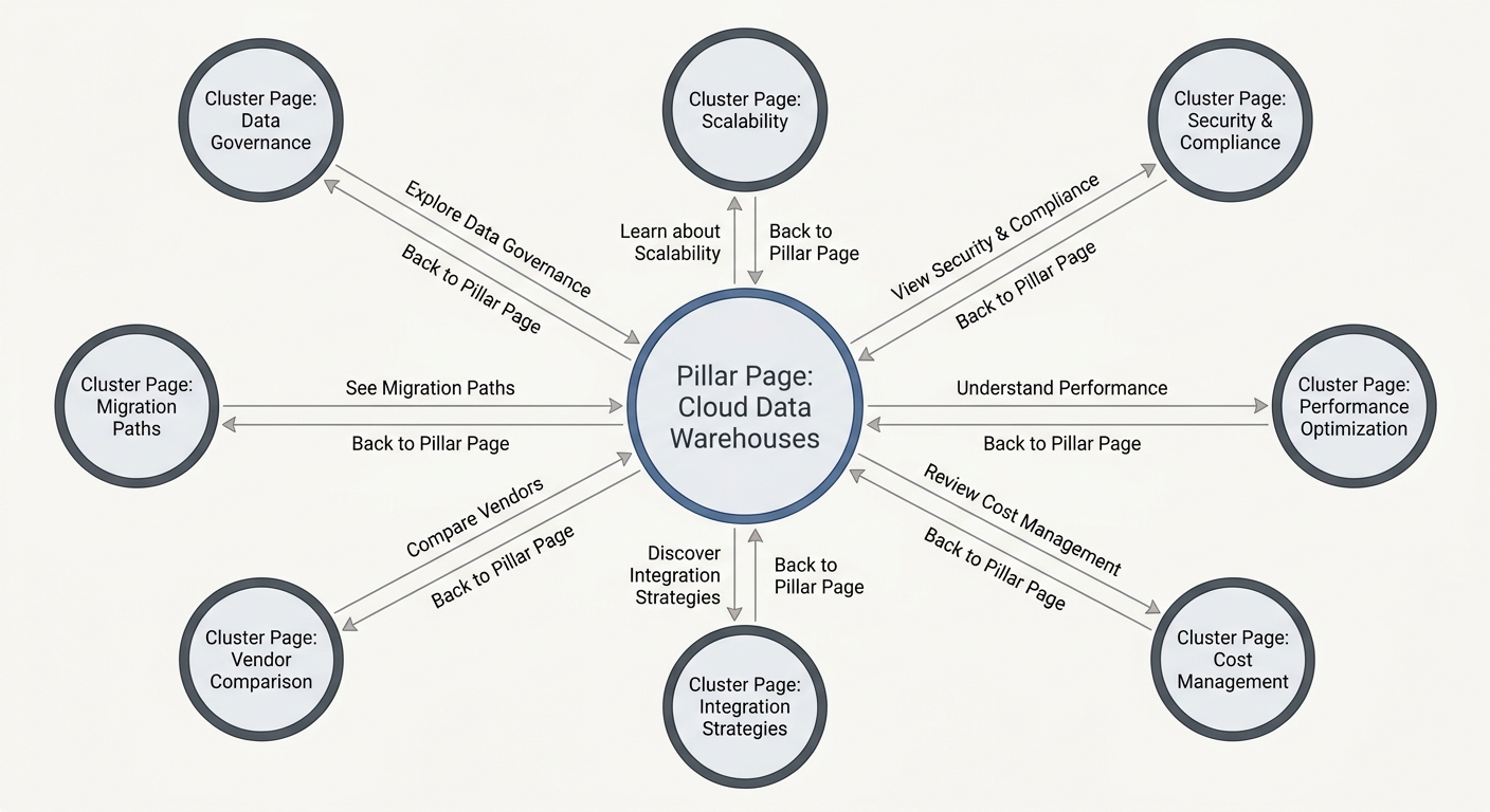 Diagram of a hub-and-spoke internal linking model, showing a central pillar page linking to and from cluster pages.