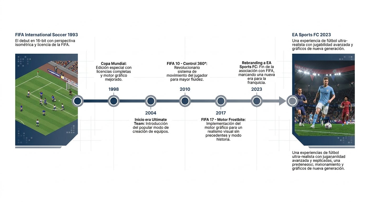 Infografía de la línea de tiempo de 30 años de la saga FIFA desde 1993 hasta 2023
