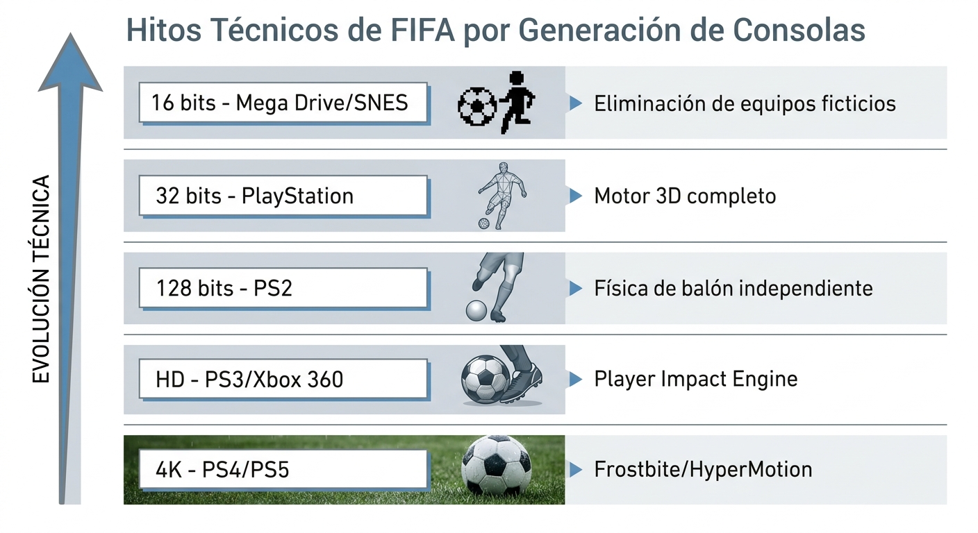 Infografía de la evolución técnica de FIFA por generación de consolas