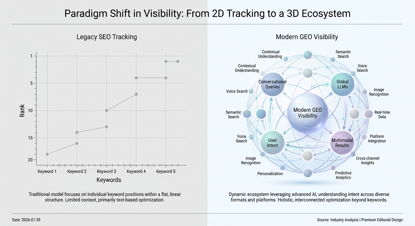 An illustration showing the shift from simple 2D rank tracking to complex 3D Generative Engine Optimization (GEO) visibility.