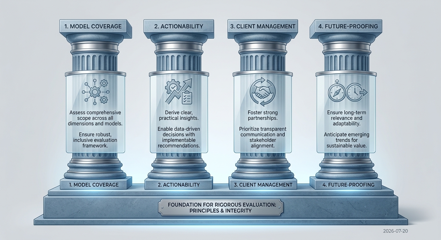 An illustration of the four pillars for evaluating AI ranking software: Model Coverage, Actionability, Client Management, and Future-Proofing.