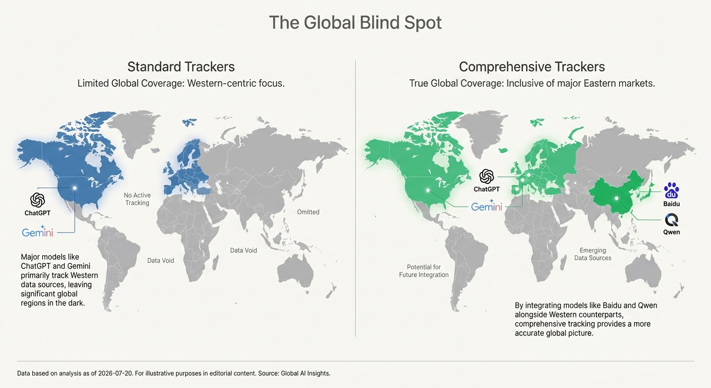 A map comparing standard trackers that only cover Western AI models with comprehensive trackers that cover global models including those in Asia.