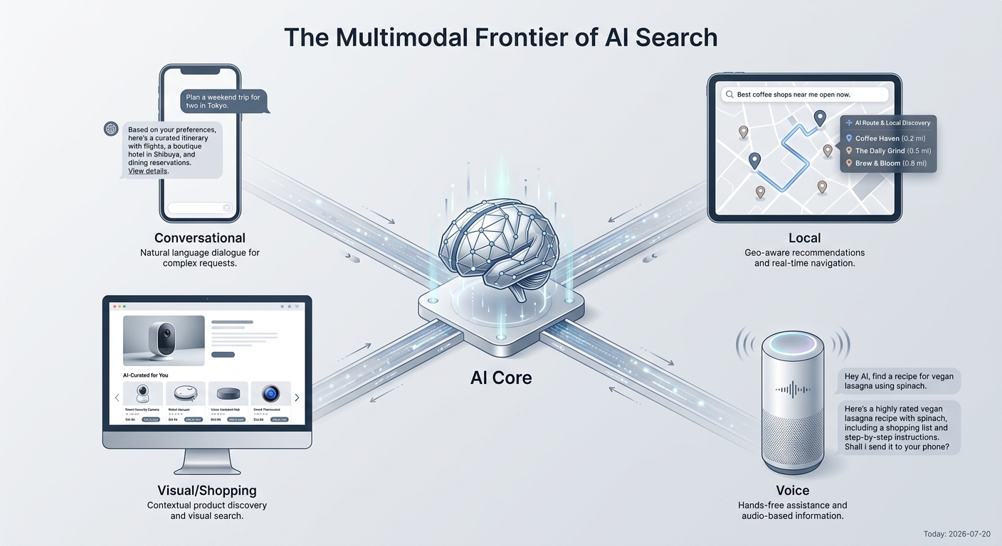 An illustration of the multimodal future of AI, showing its integration into conversational chat, local maps, visual shopping, and voice assistants.