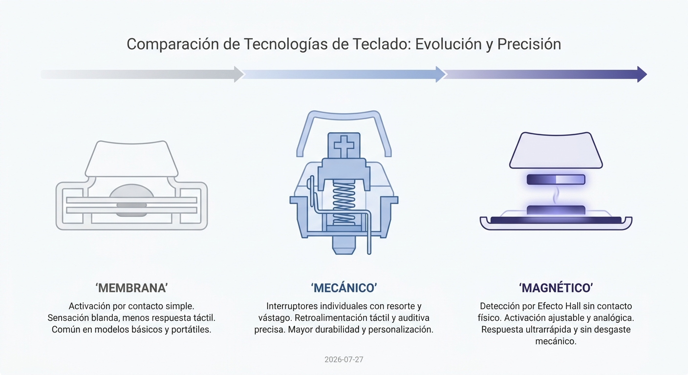 Comparativa visual de teclados: membrana, mecánico y magnético