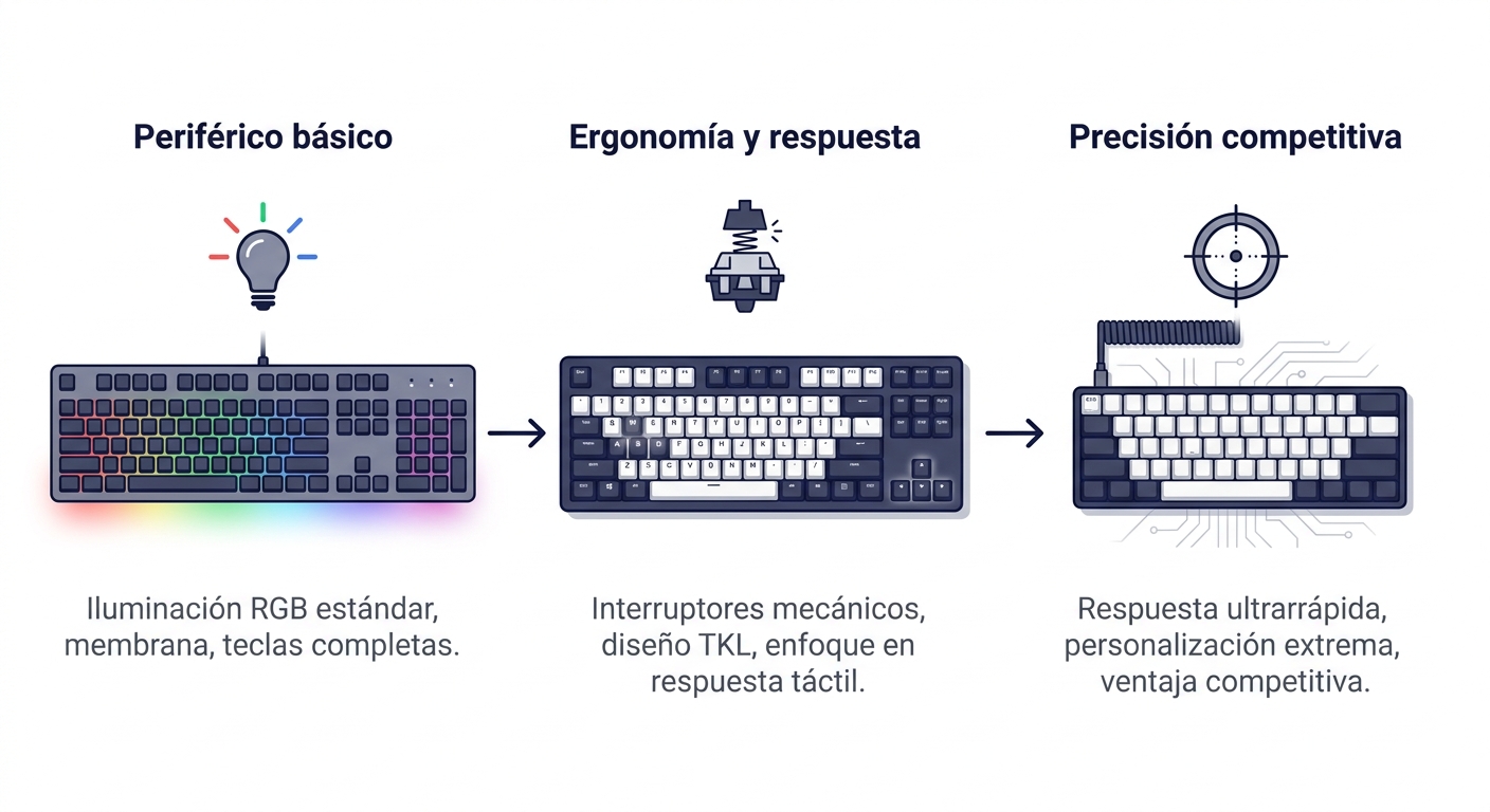 Infografía que muestra la evolución del teclado gaming de periférico básico a herramienta de precisión competitiva