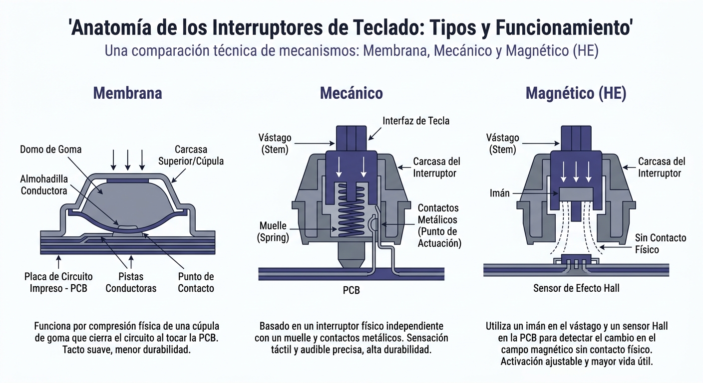 Diagrama de anatomía comparativa de switches de membrana, mecánico y magnético