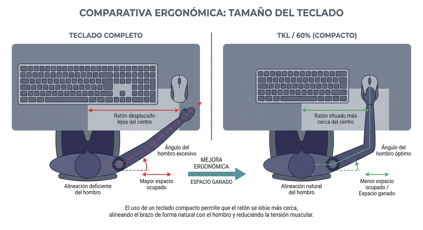 Infografía ergonómica comparando la postura con teclado full size y formato TKL