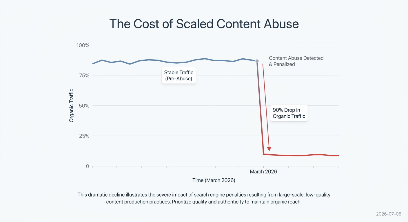 A line chart illustrating a sudden 90% drop in organic traffic, representing the penalty for scaled content abuse from Google's March 2026 update.