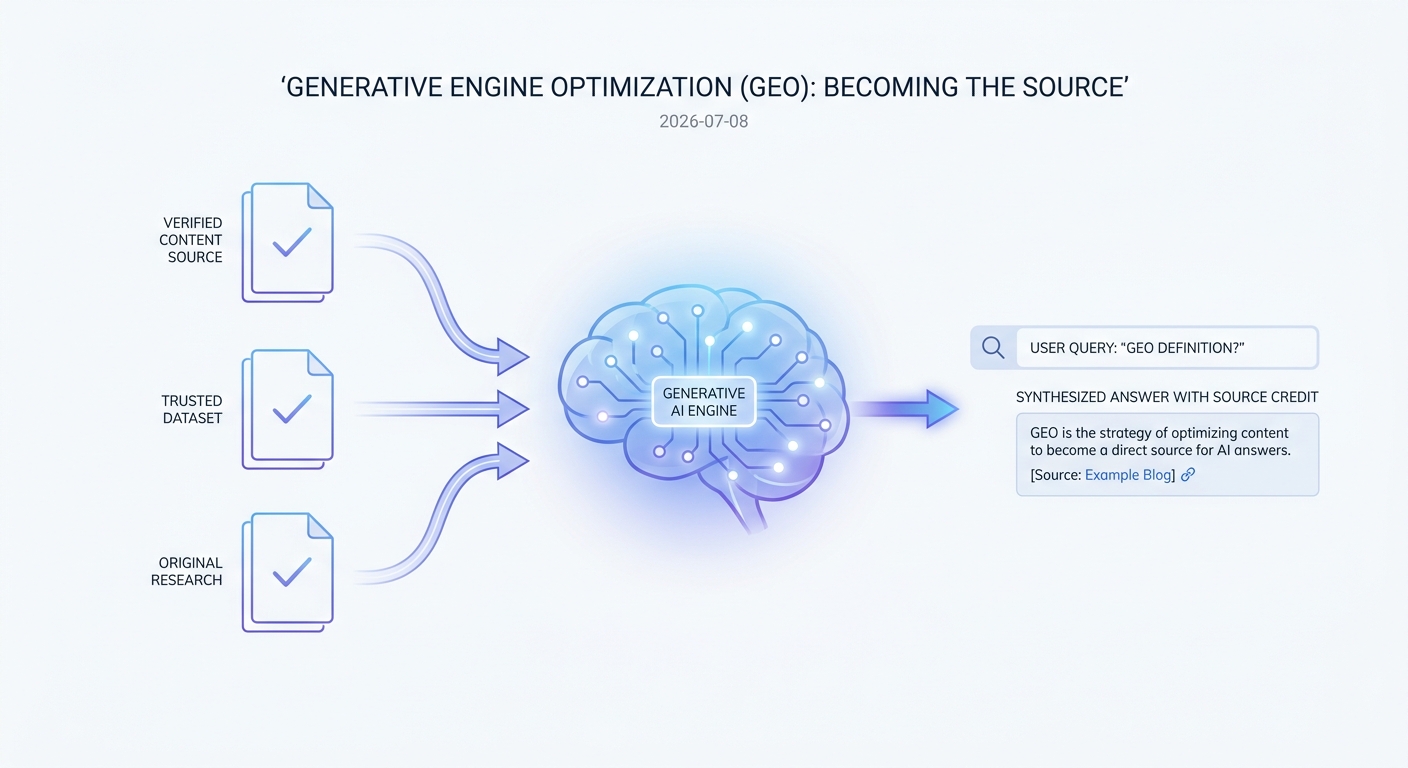 Diagram showing how Generative Engine Optimization works by feeding high-quality content into an AI engine, which then uses it to generate answers.