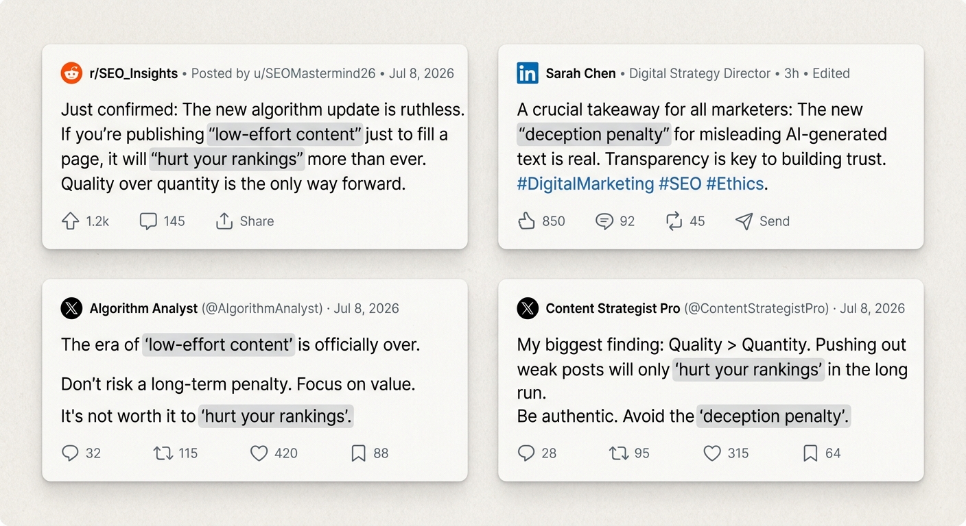 A collage of social media posts from Reddit, LinkedIn, and Twitter discussing the risks of using AI for SEO content in 2026.
