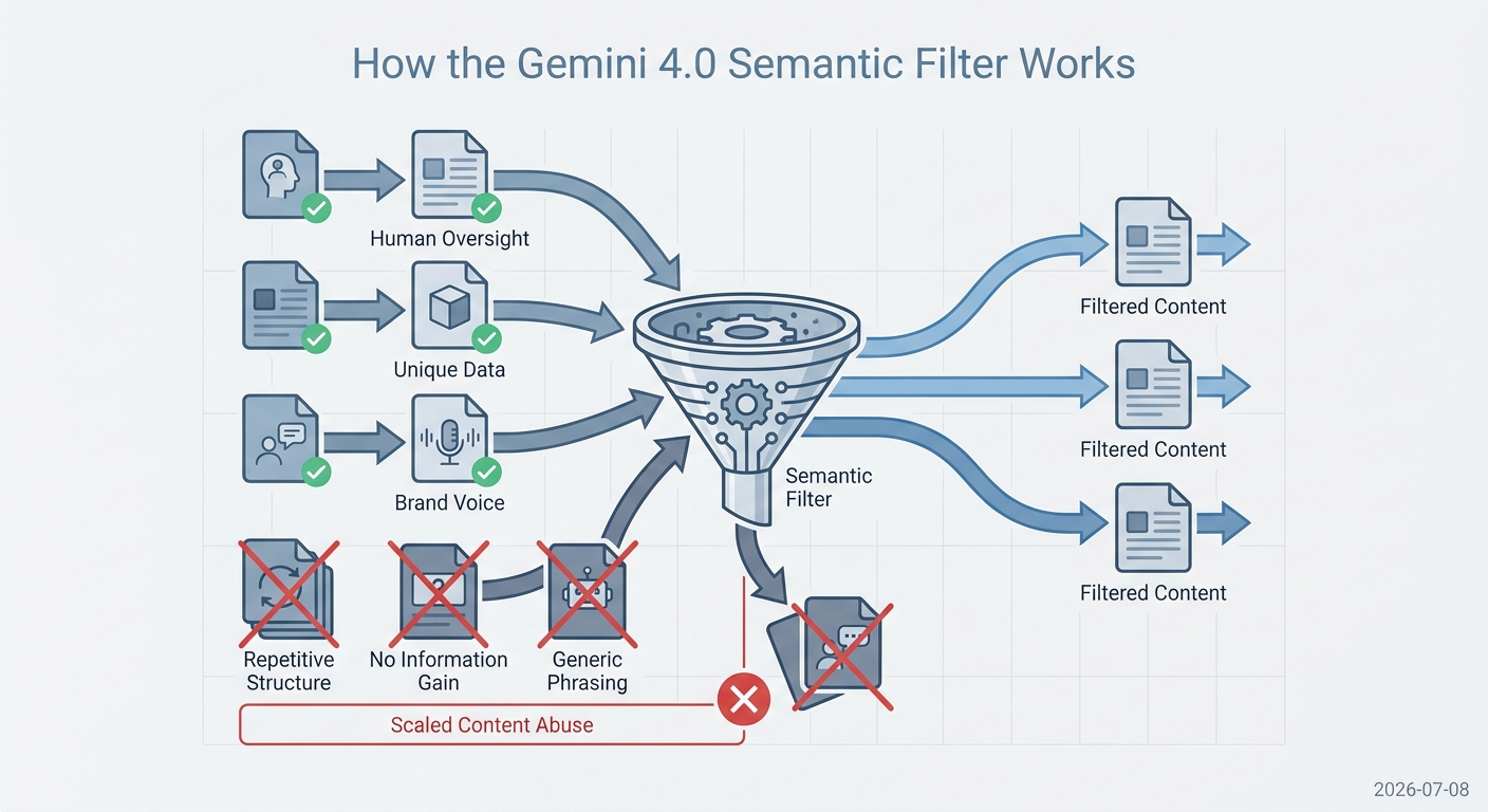 An infographic explaining how Google's Gemini 4.0 Semantic Filter identifies and penalizes scaled content abuse while allowing high-quality, human-reviewed content.