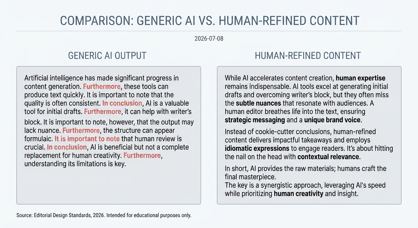 A comparison showing the structural differences between generic AI text and human-refined content to avoid algorithmic detection.