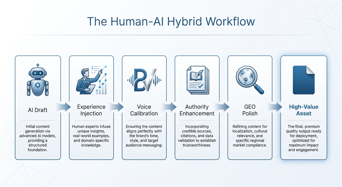A 5-step workflow diagram showing the process of refining AI-generated content with human expertise to create a high-value asset.