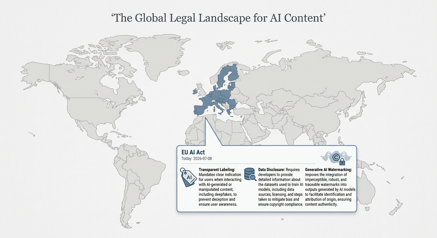 A map highlighting the EU AI Act and its requirements for transparent labeling and data disclosure for AI-generated content.