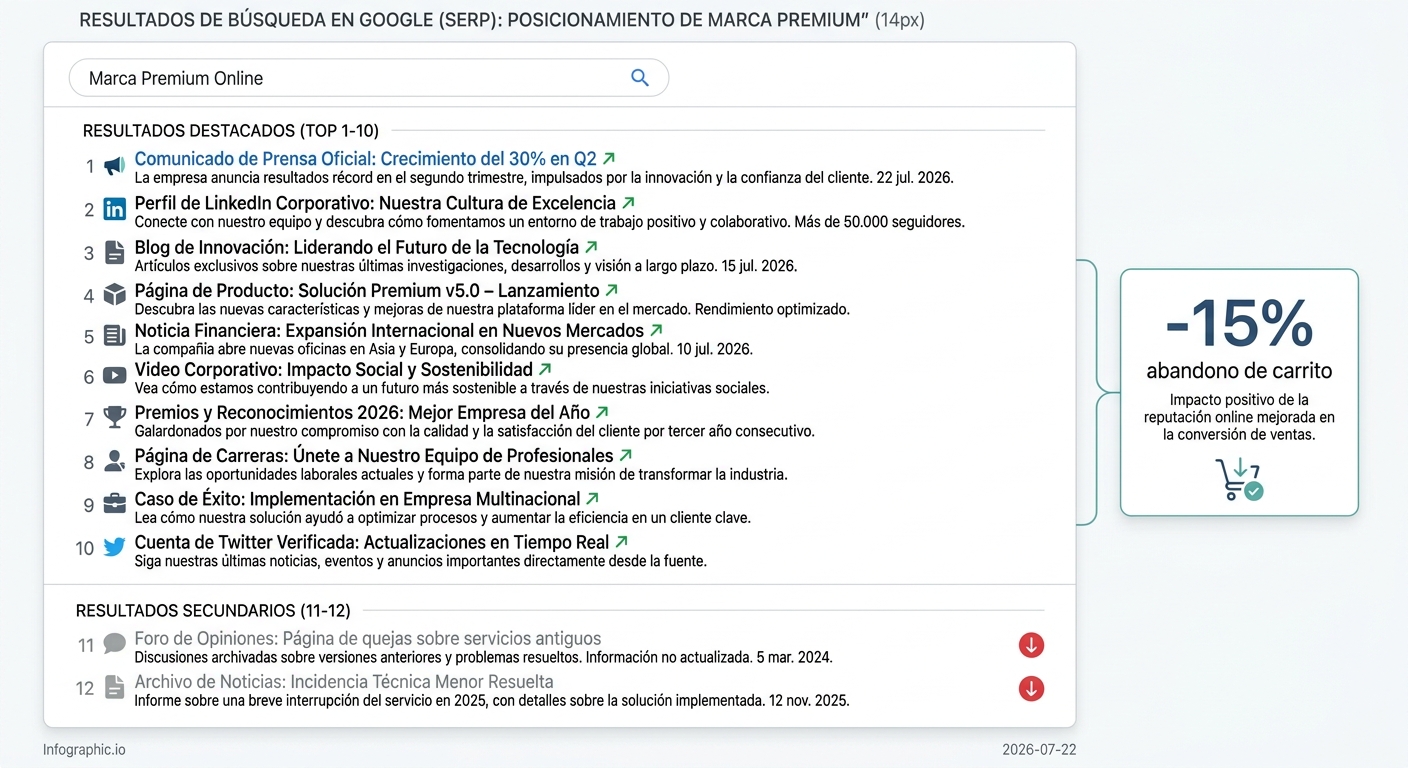 Visualización de SEO inverso desplazando contenido negativo en Google