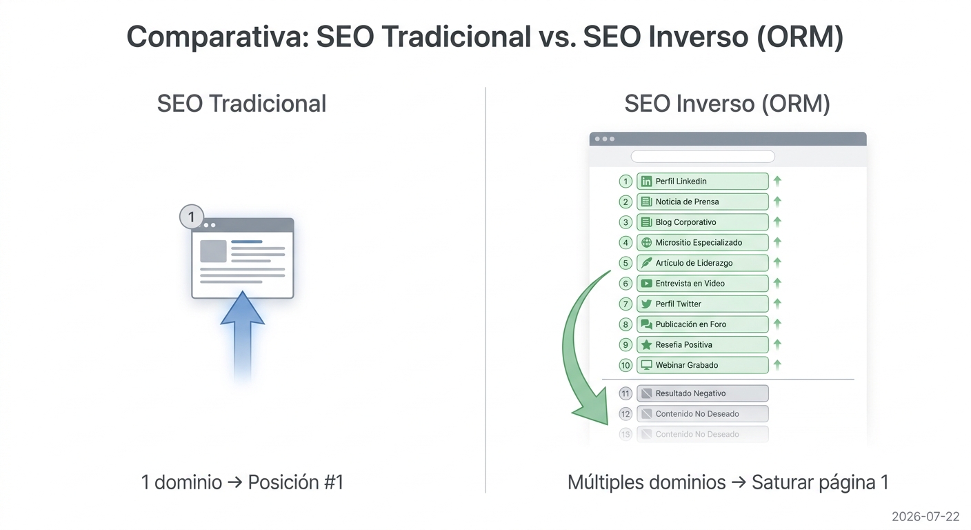 Comparativa visual: SEO tradicional vs SEO inverso para ORM