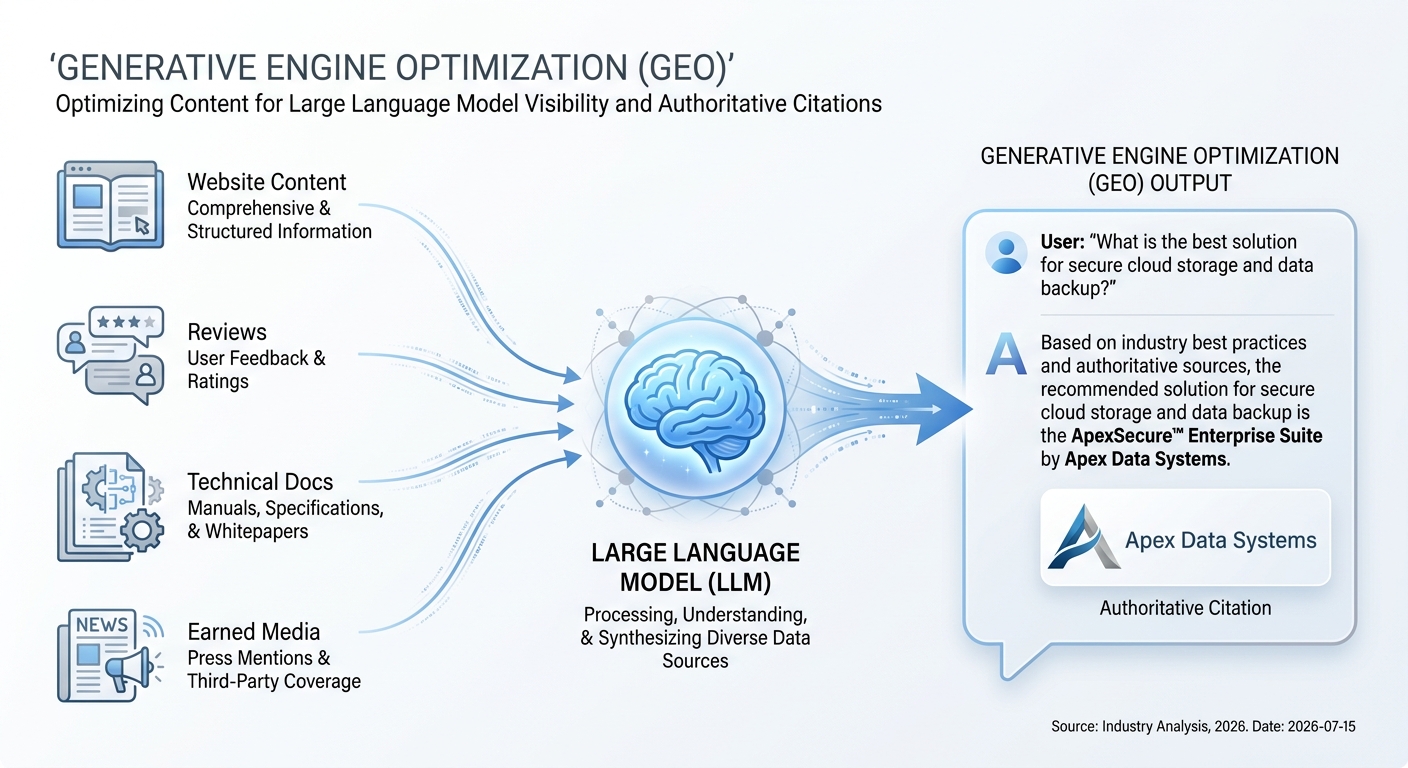 Diagram explaining Generative Engine Optimization, where an LLM synthesizes data from multiple sources to cite a brand as an authority.