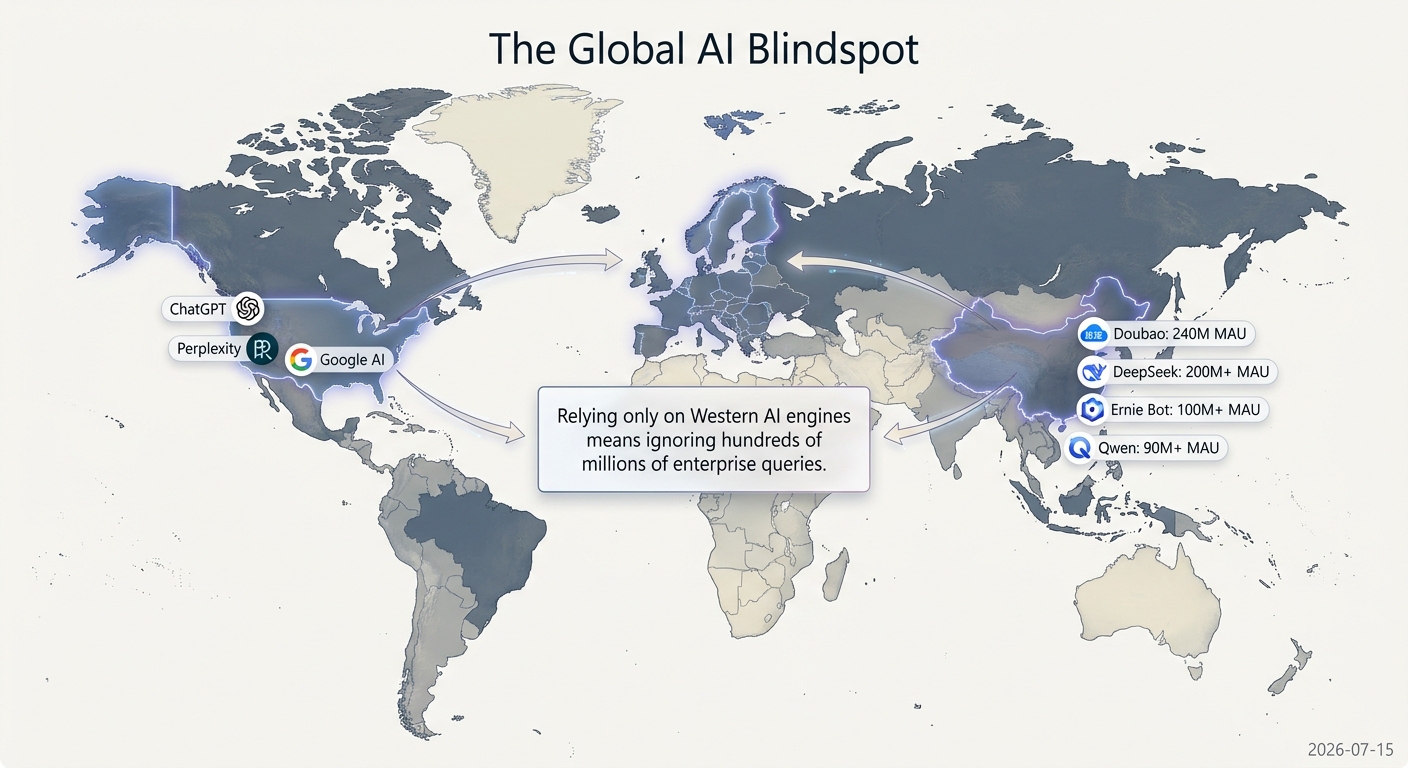 Map showing the global distribution of major AI engines, highlighting the large user bases of Chinese models often overlooked by Western companies.
