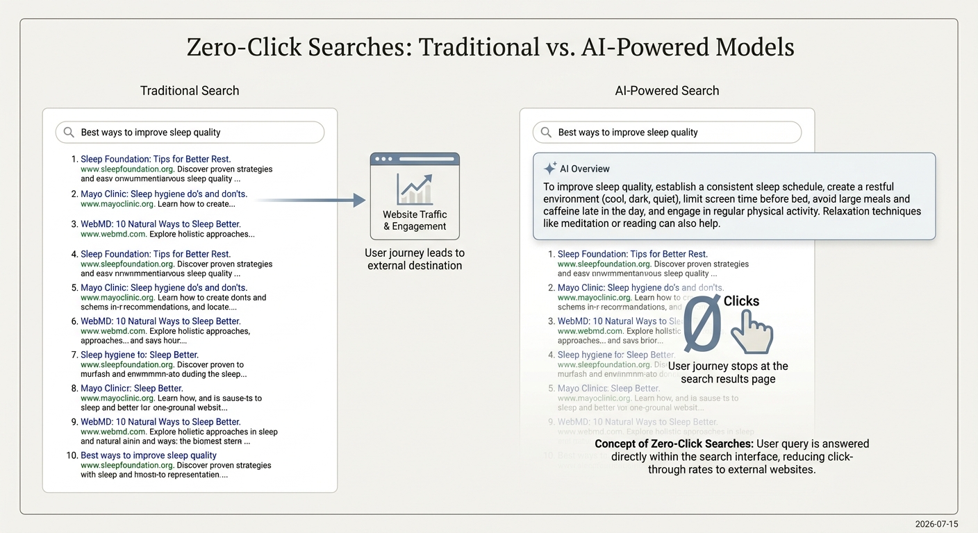 Comparison of a traditional search results page versus an AI-powered results page, showing how AI answers reduce clicks to websites.