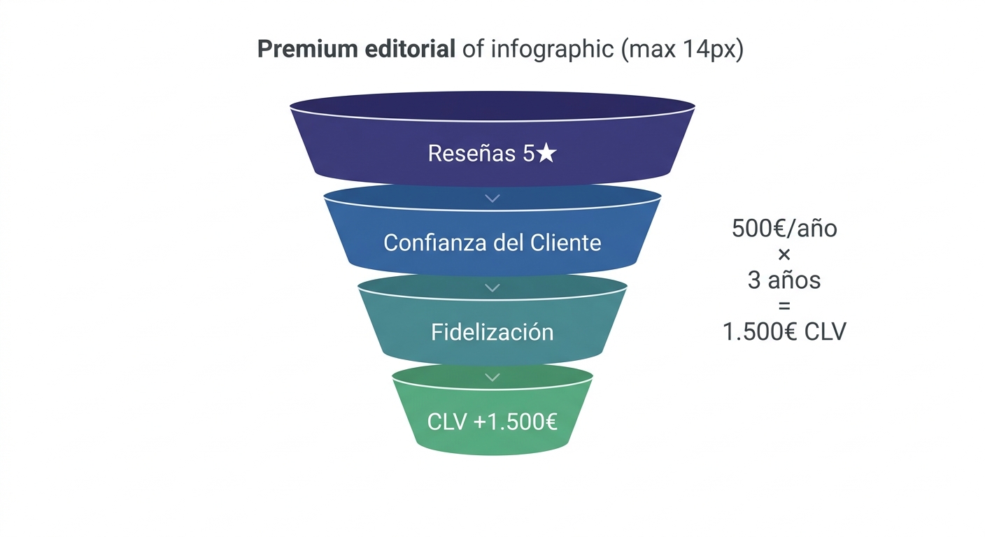 Diagrama de embudo: de reseñas 5 estrellas al valor del ciclo de vida del cliente