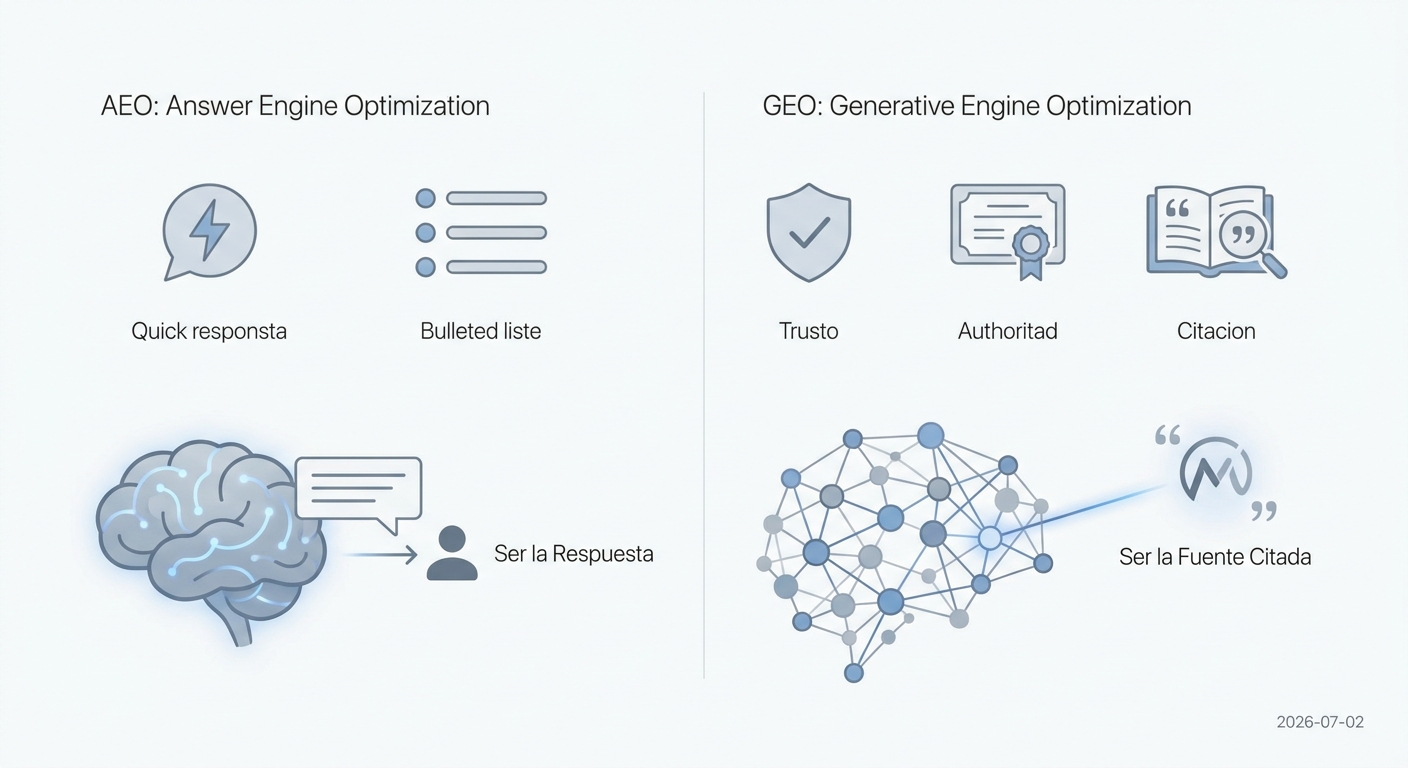 Infografía comparando AEO (Optimización para Motores de Respuesta) y GEO (Optimización para Motores Generativos), destacando sus objetivos y enfoques.