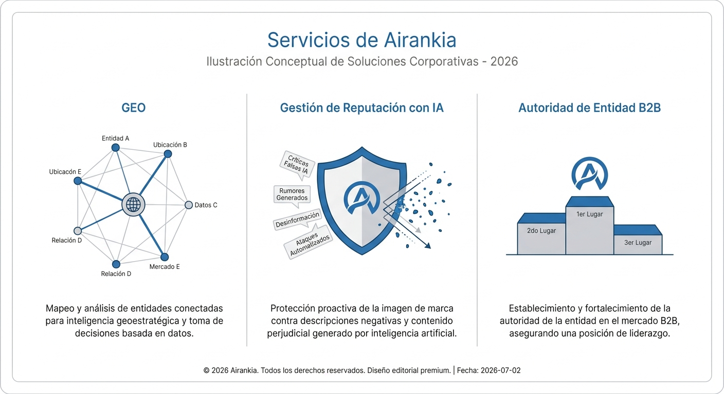 Diagrama de los servicios de Airankia: Generative Engine Optimization, Gestión de Reputación en IA y Construcción de Autoridad de Entidad B2B.