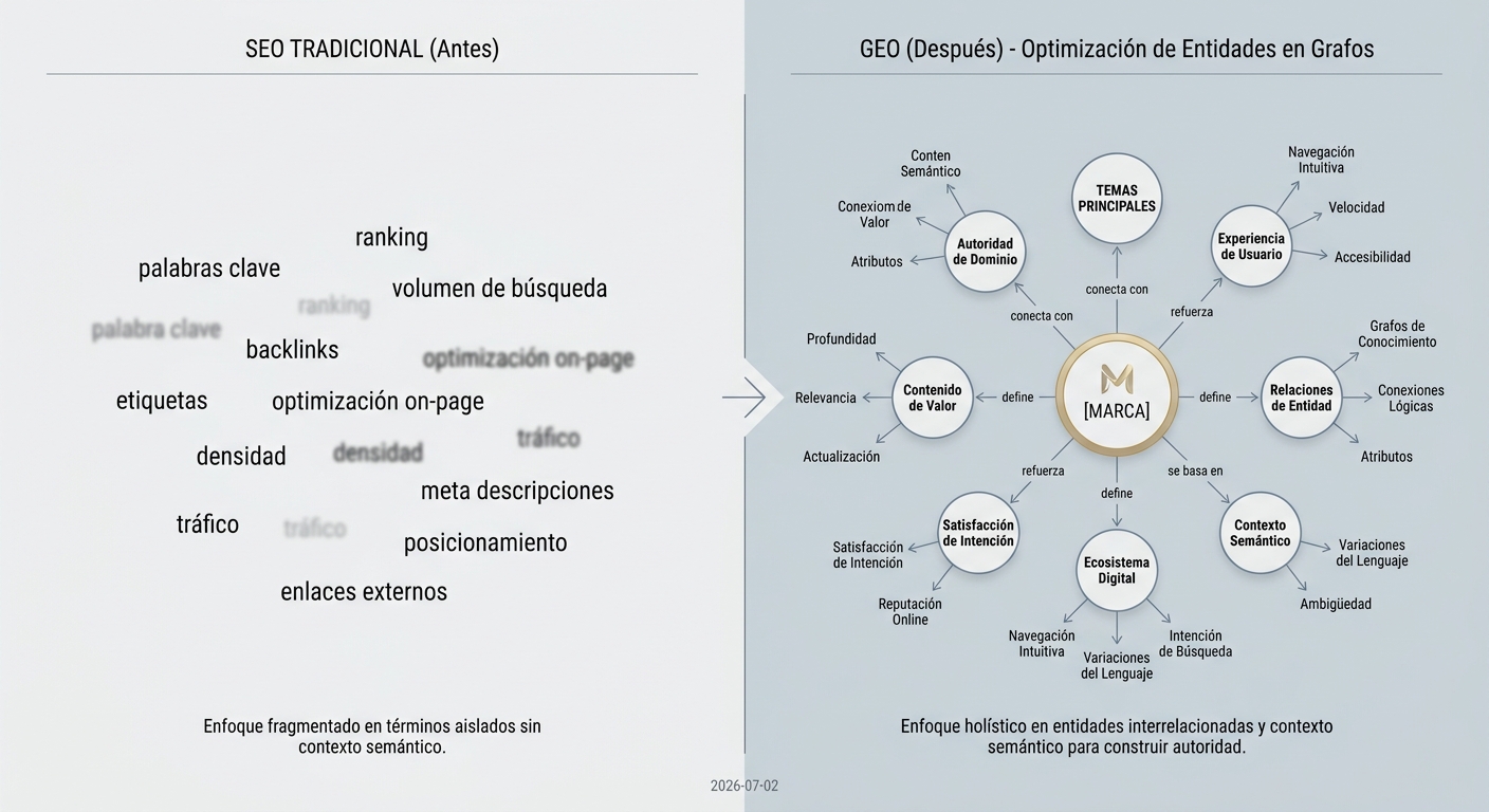 Comparación visual del enfoque en palabras clave del SEO tradicional frente al enfoque en entidades y clústeres temáticos del GEO.