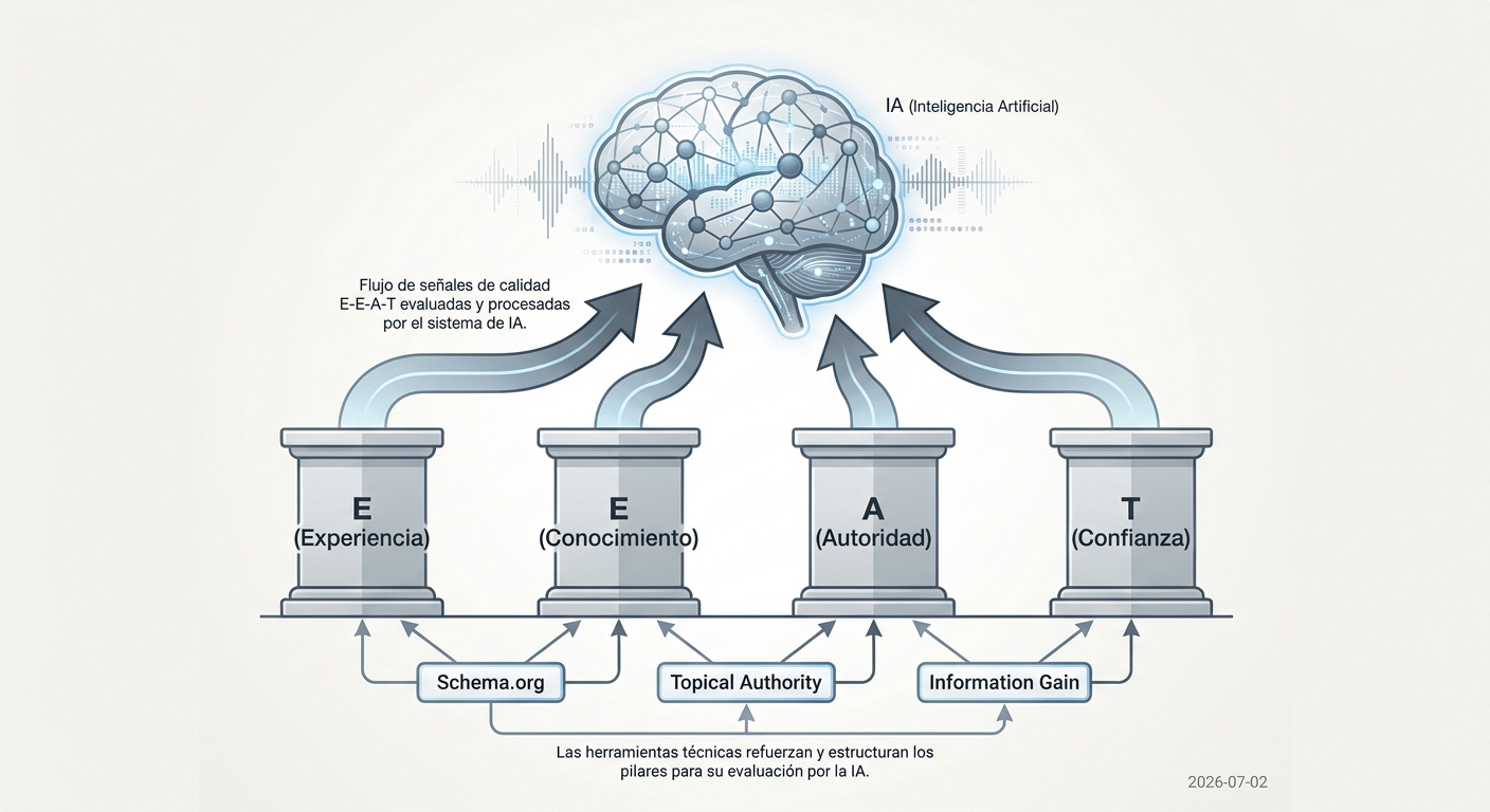 Diagrama que muestra cómo el GEO es la implementación técnica de los principios E-E-A-T para una audiencia de inteligencia artificial.