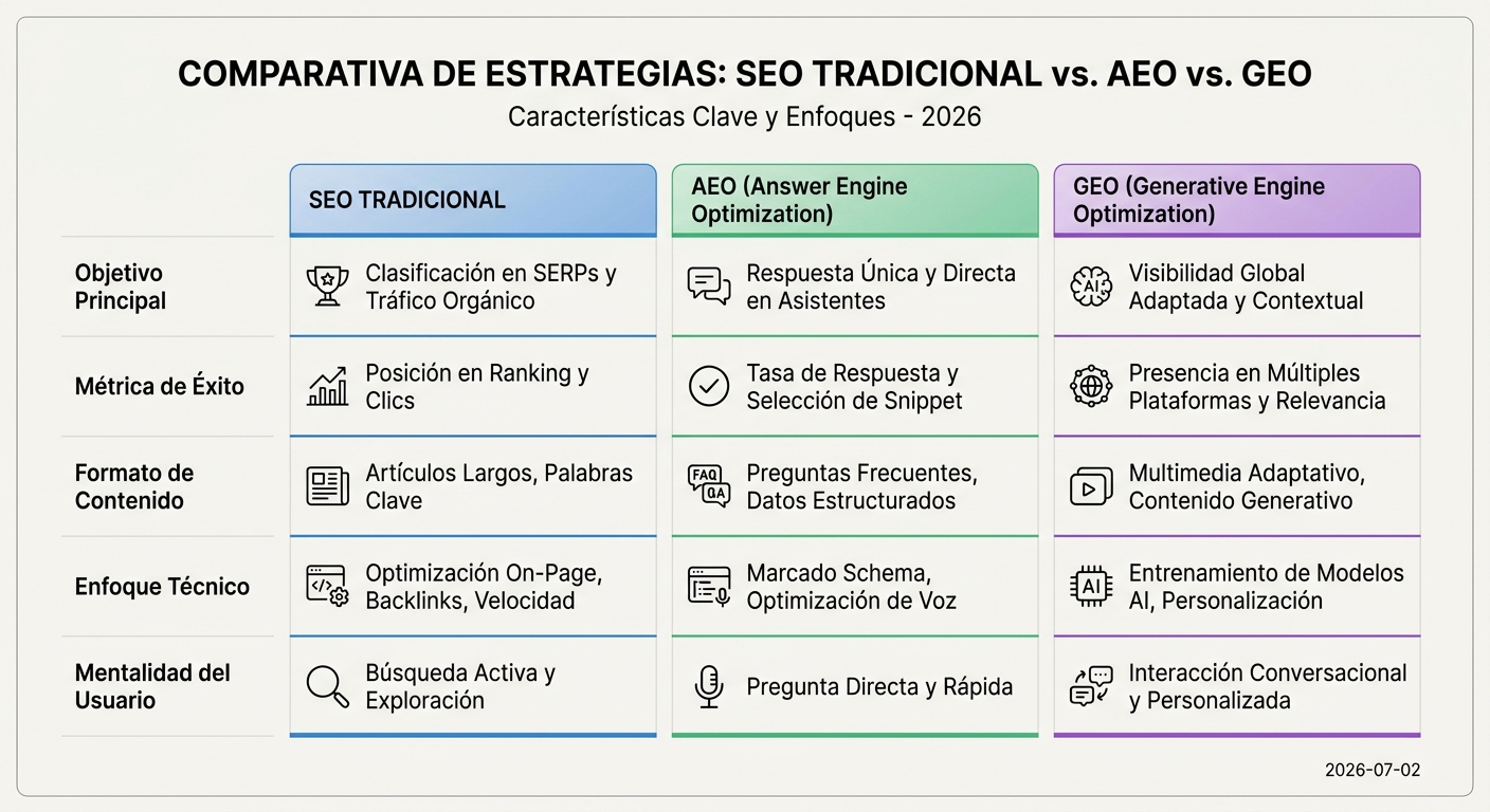 Tabla comparativa detallada de las diferencias entre SEO Tradicional, AEO y GEO en objetivos, métricas y técnicas.