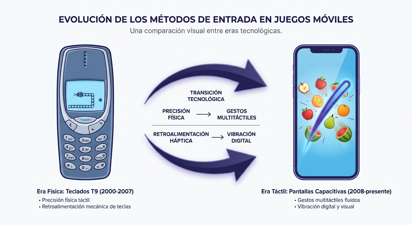 Infografía comparativa: evolución de teclados físicos a pantallas táctiles en juegos móviles