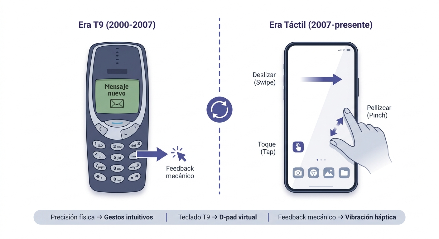 Comparativa visual entre la era de teclados físicos T9 y la era de pantallas táctiles capacitivas