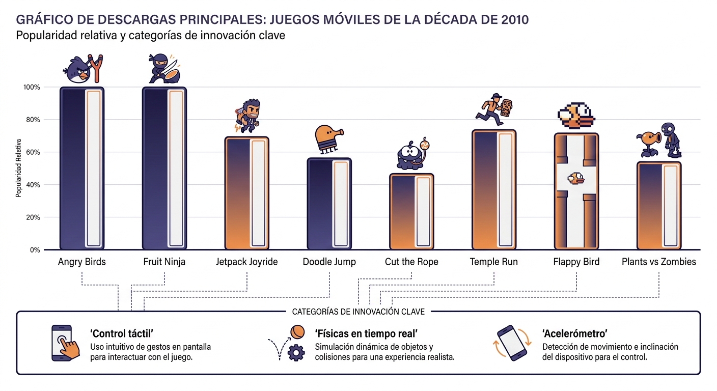 Infografía de los juegos móviles más descargados de la década de 2010 y sus innovaciones
