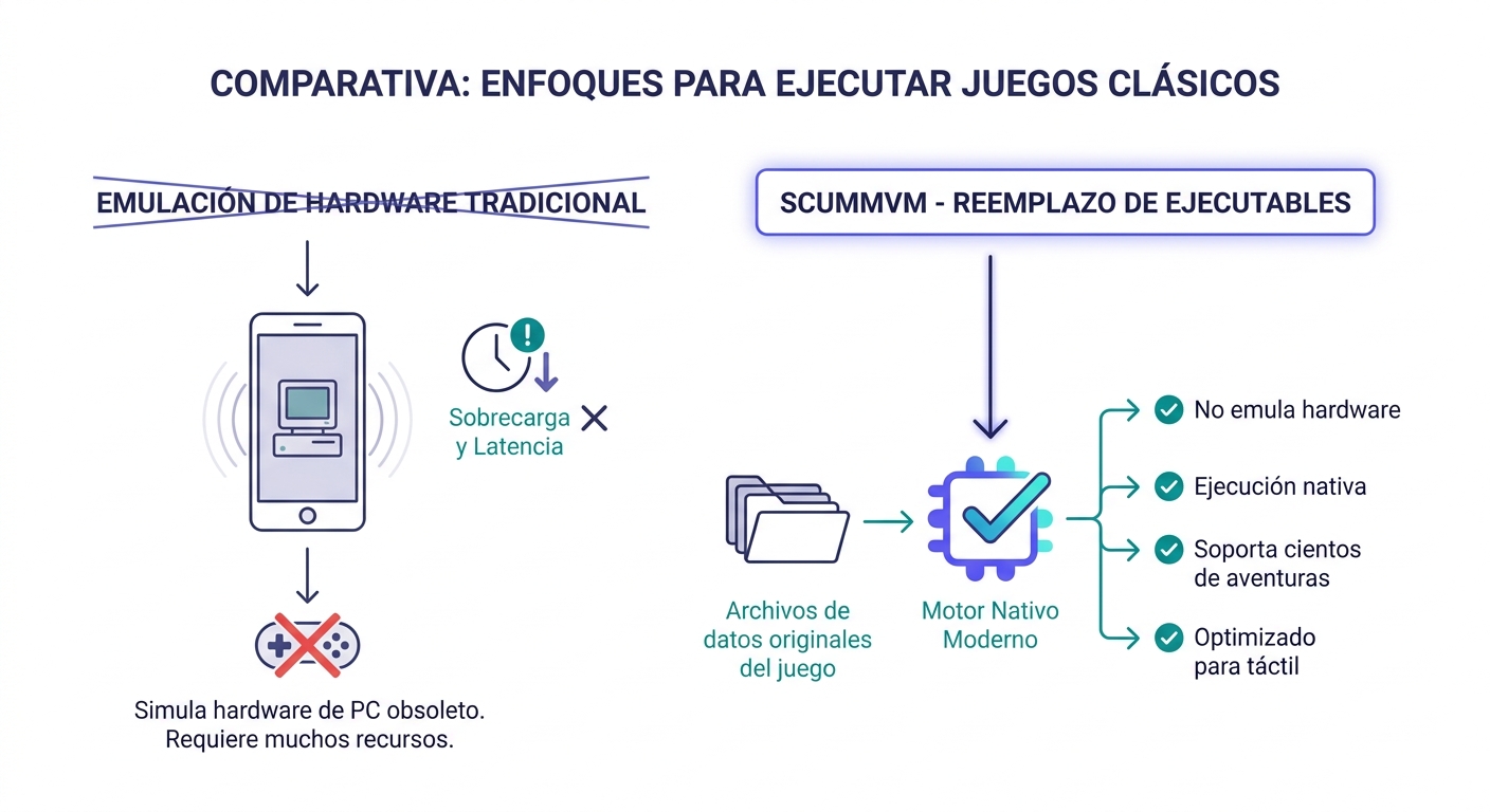 Comparativa: emulación de hardware vs reemplazo de ejecutables con ScummVM