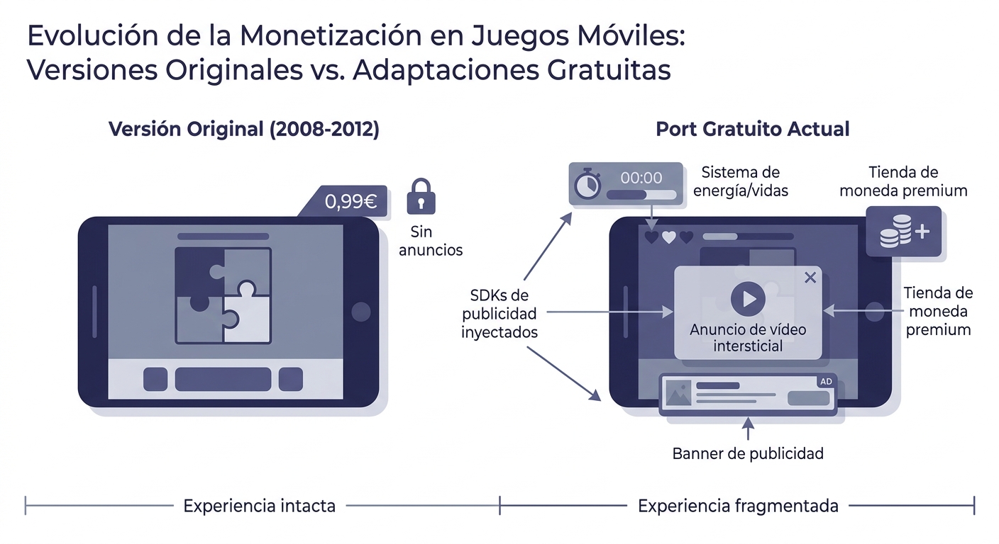 Diagrama comparativo de la anatomía de monetización entre versiones originales y ports gratuitos actuales