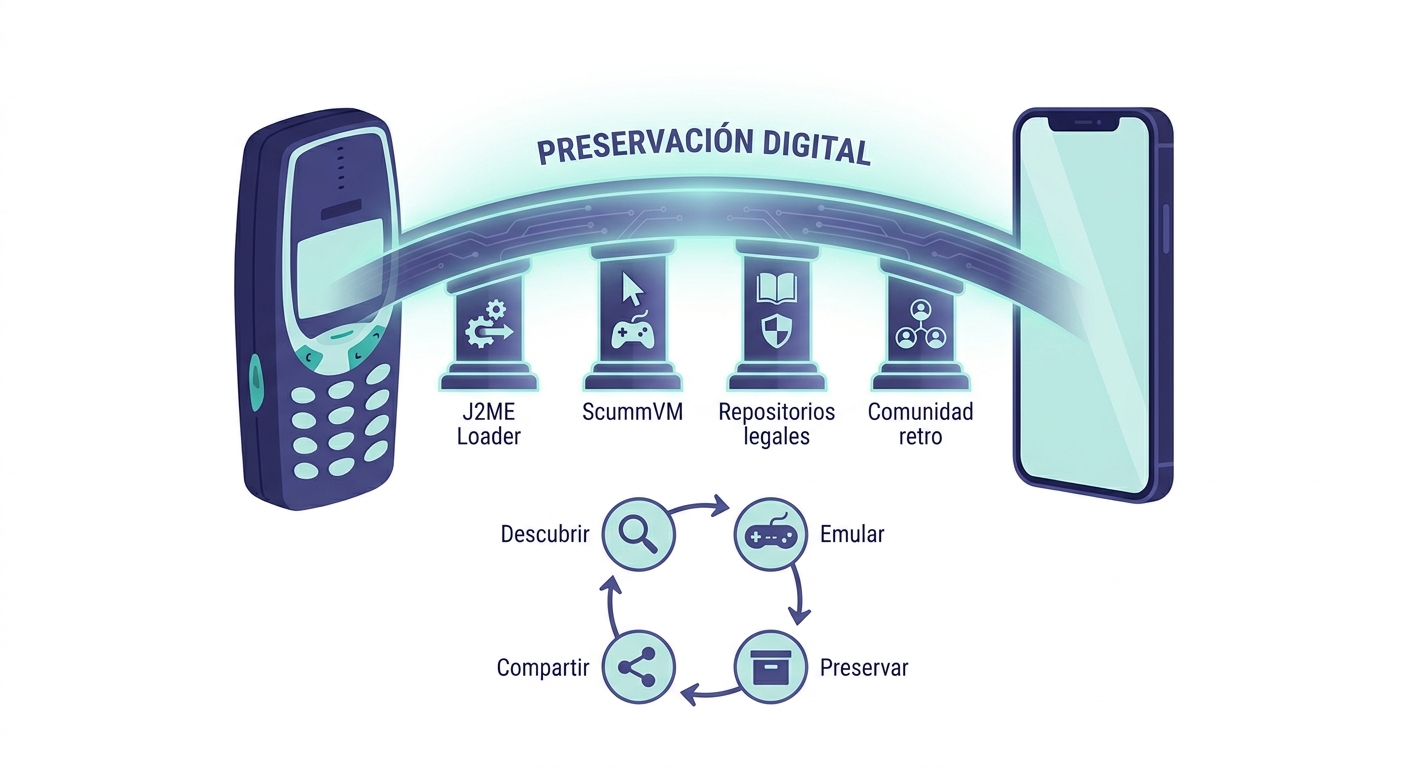Infografía conceptual sobre la preservación digital de juegos móviles clásicos