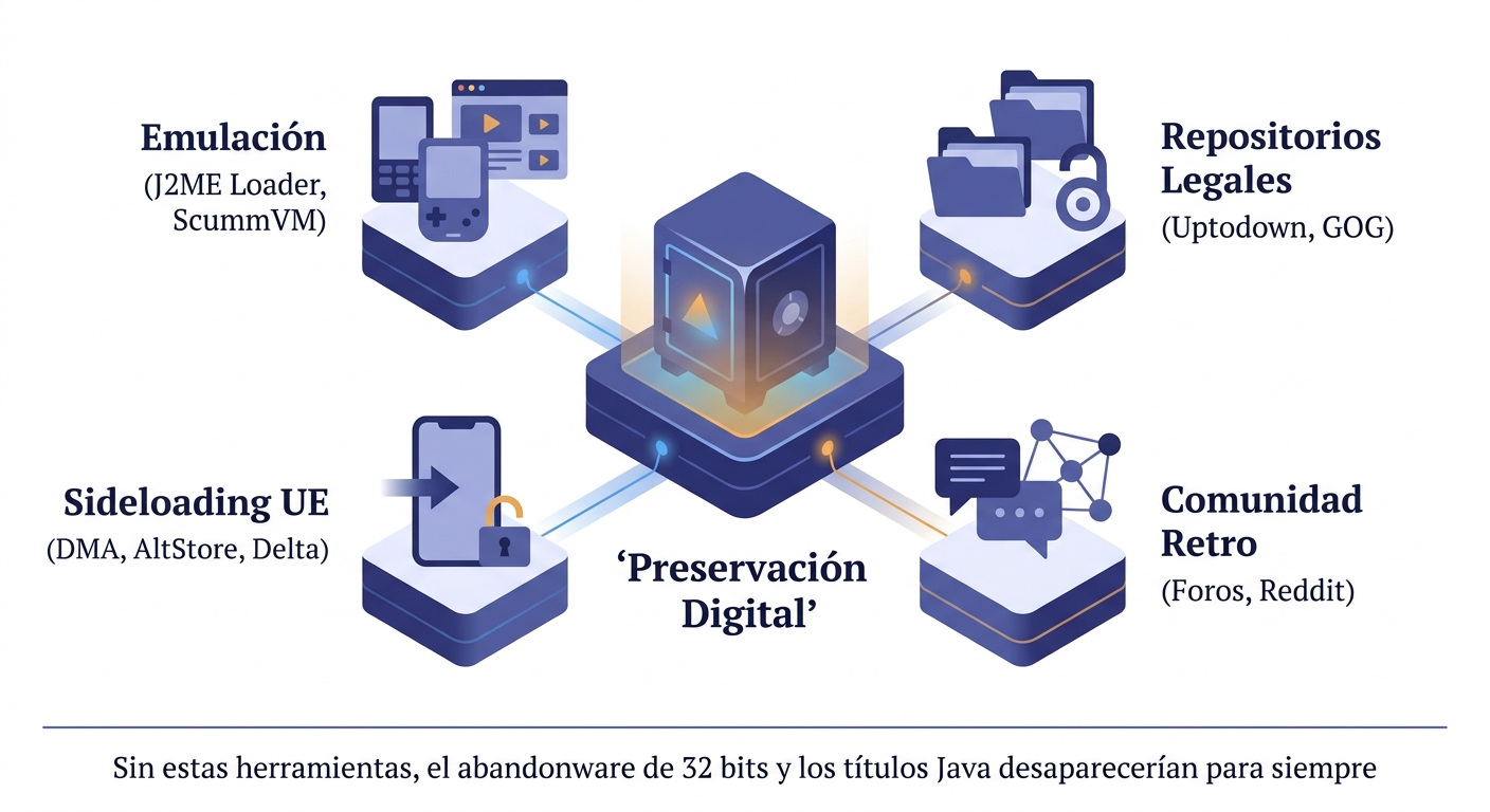 Infografía conceptual: los cuatro pilares de la preservación digital de juegos móviles