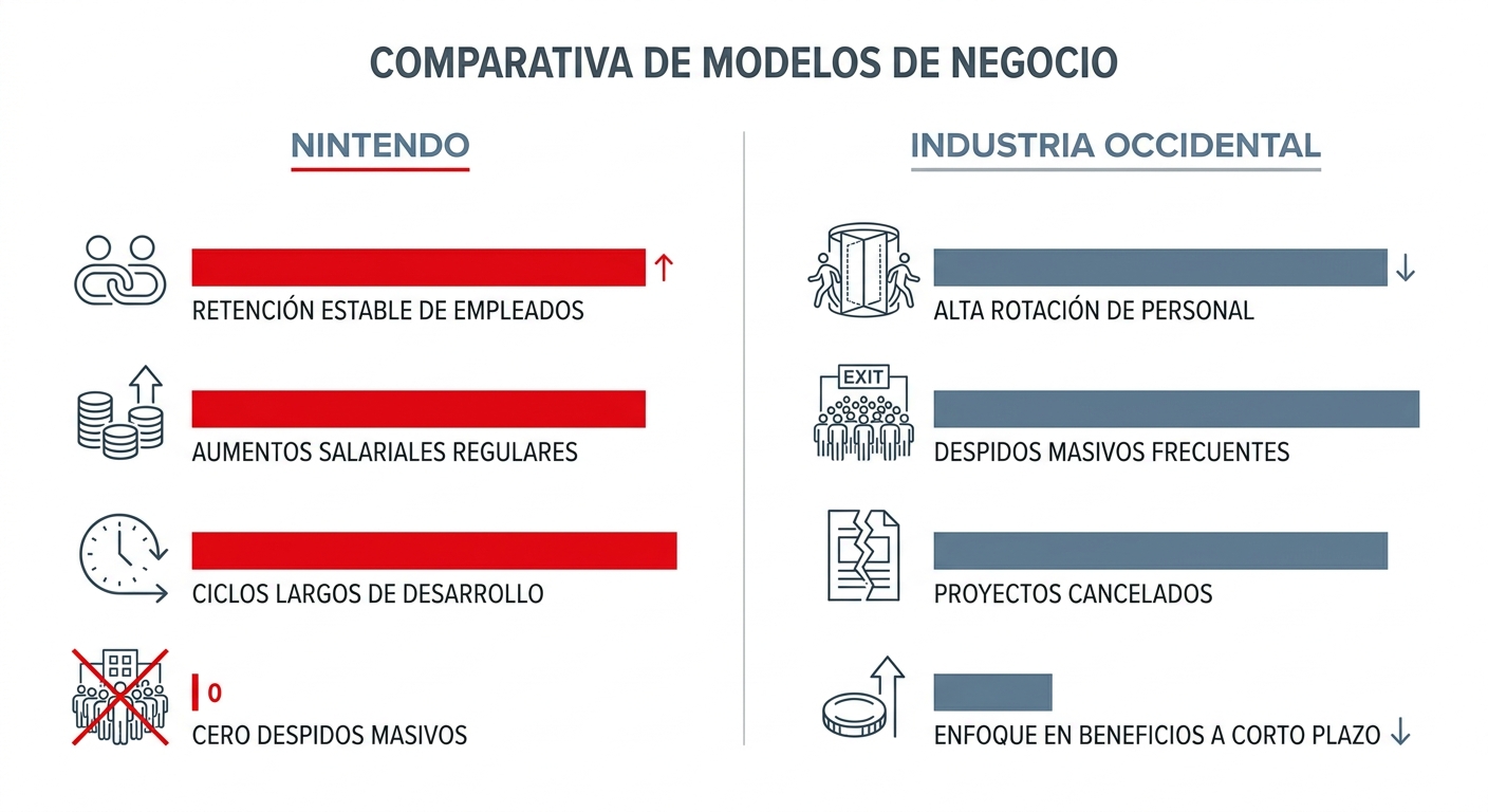 Infografía comparativa entre el modelo laboral de Nintendo y la industria occidental