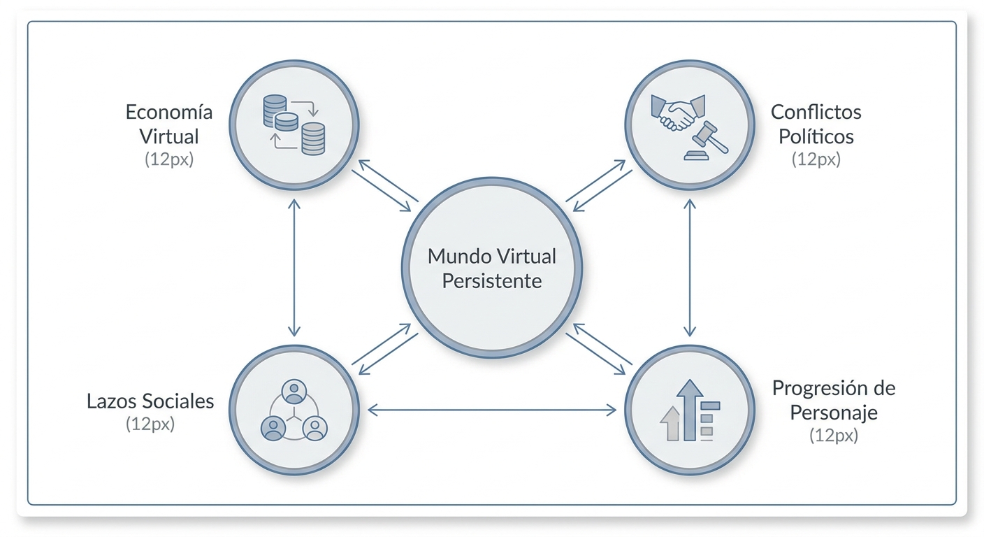 Diagrama conceptual de un MMO como sociedad digital con economía, política, lazos sociales y progresión
