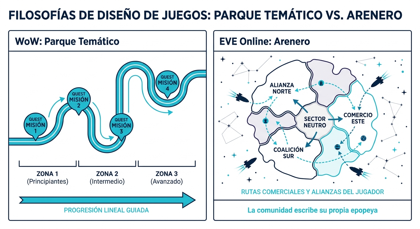 Comparación de filosofías de diseño entre WoW (themepark) y EVE Online (sandbox).