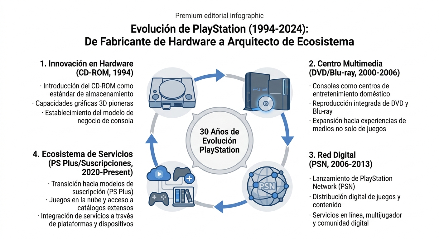Diagrama circular de la evolución de PlayStation de fabricante de hardware a arquitecto de ecosistema