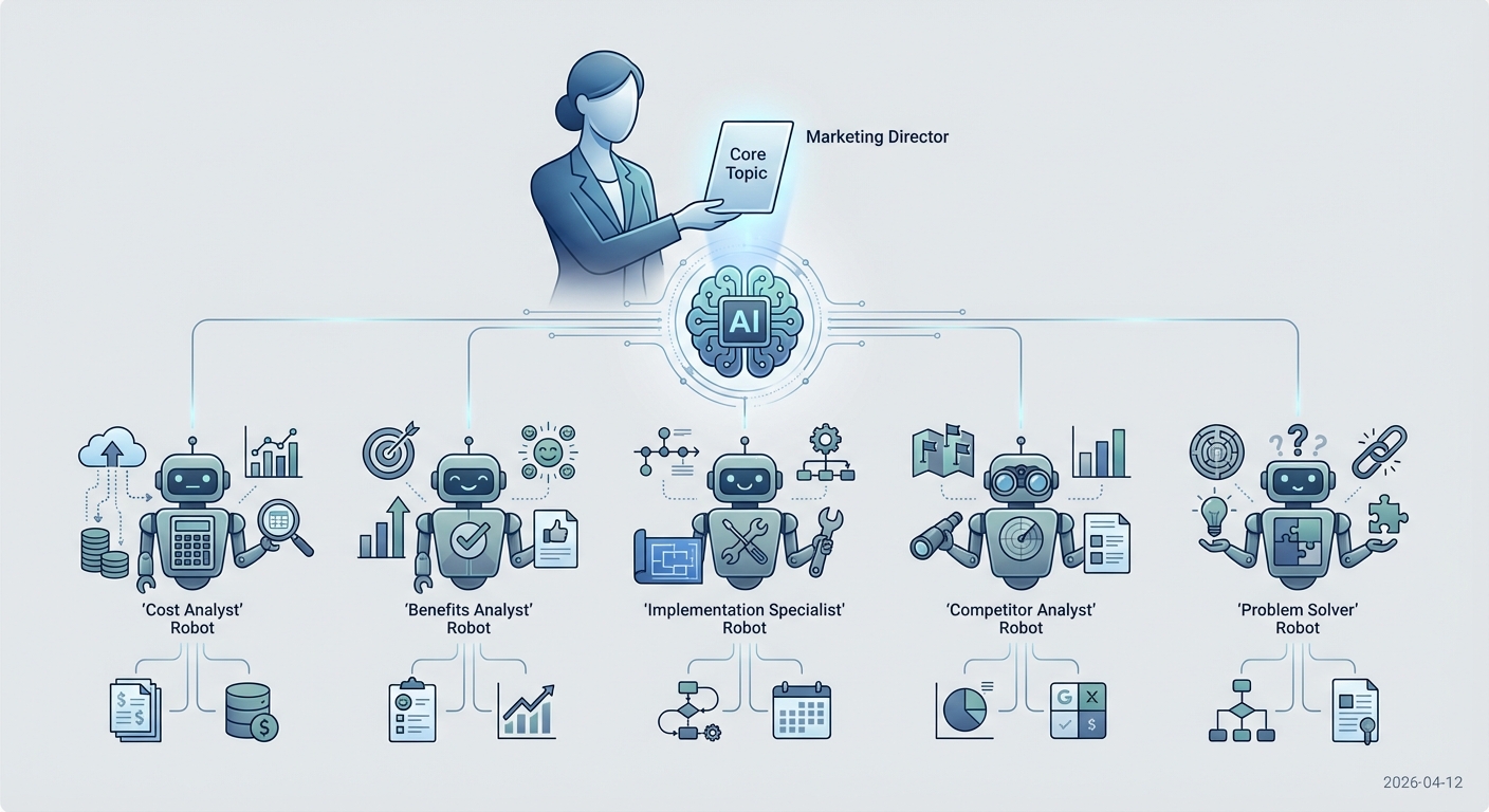 An illustration of the query fan-out metaphor: a director briefing a team of specialized AI researchers to cover all angles of a topic.