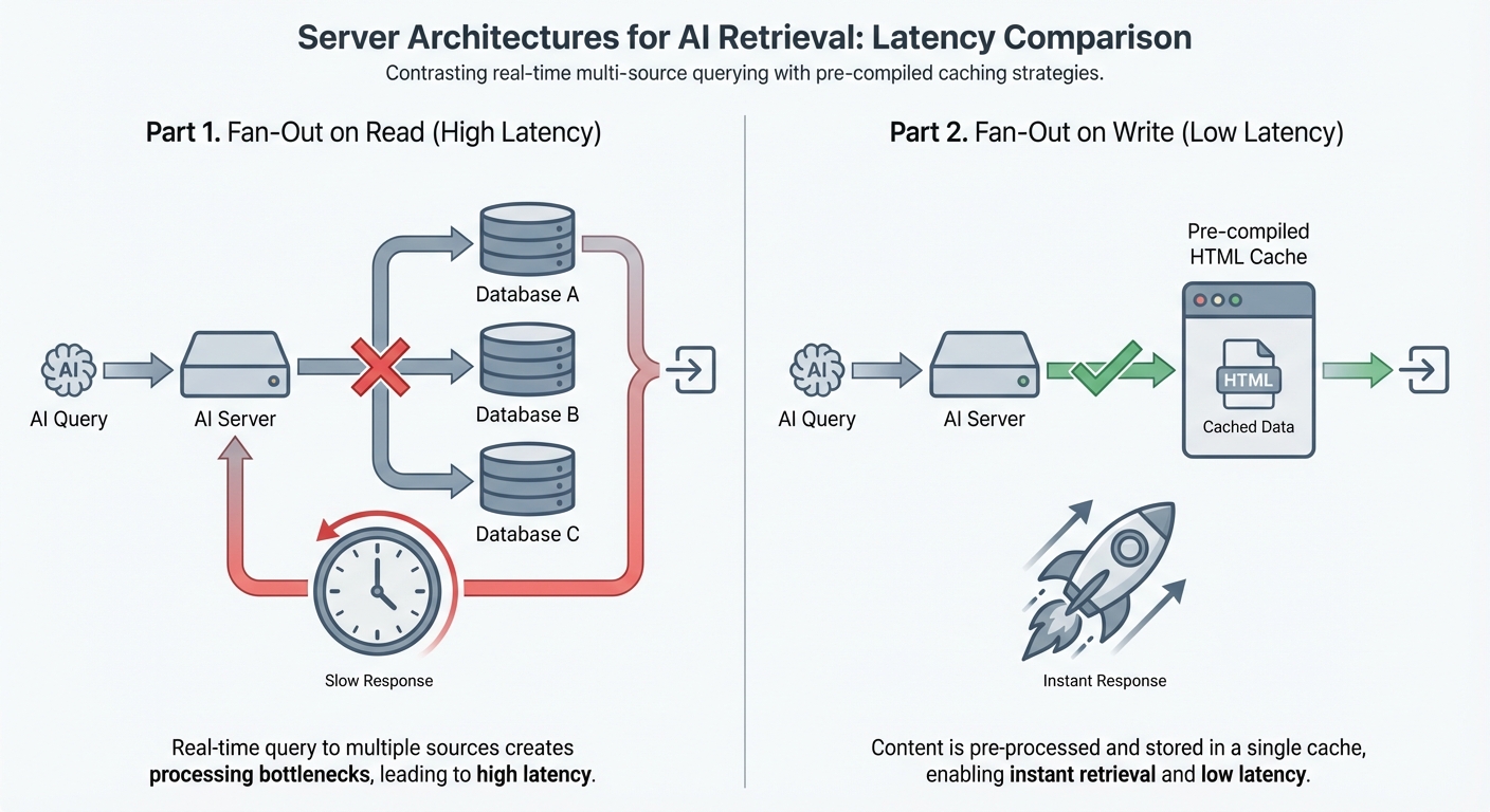 Diagram comparing 'fan-out on read' (slow, real-time queries) and 'fan-out on write' (fast, pre-computed data) architectures.