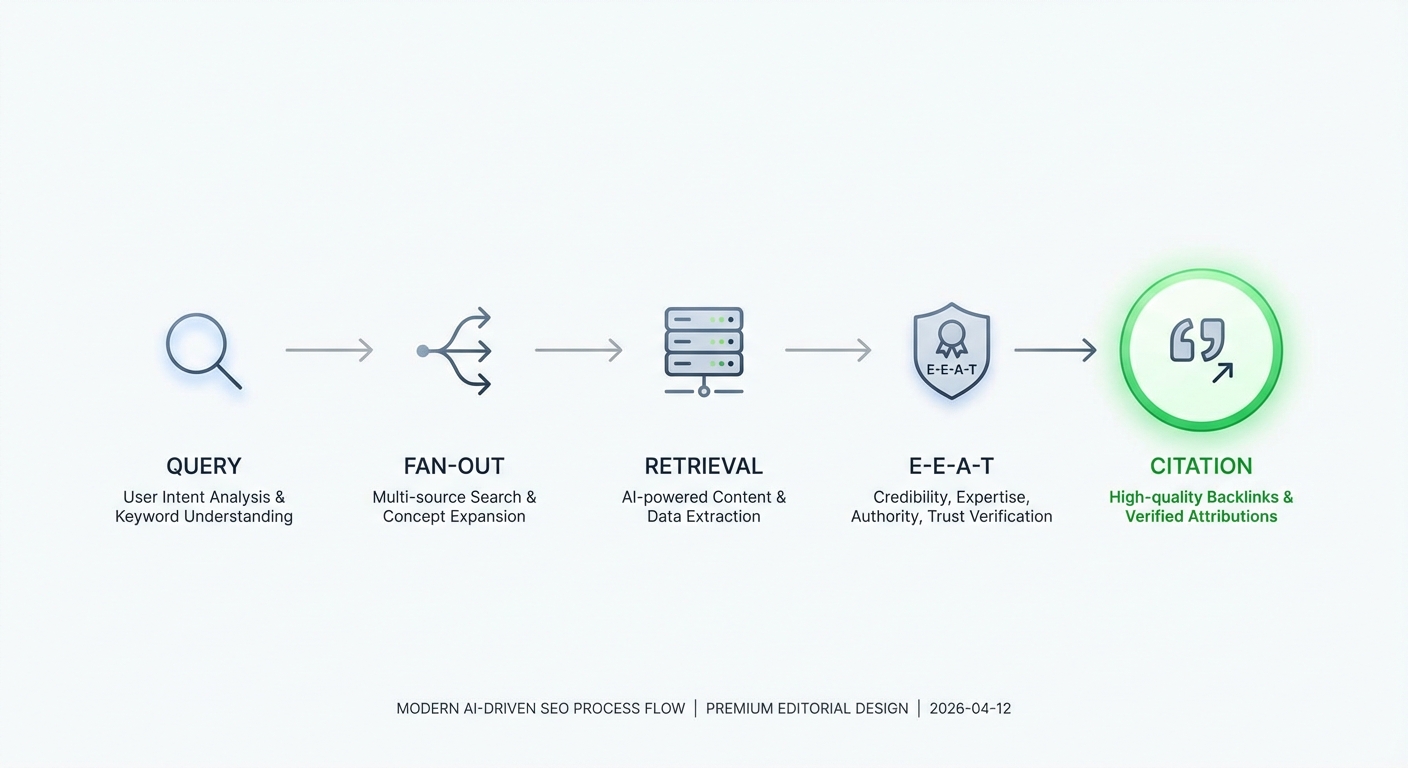 A workflow diagram showing the five stages from user query to brand citation in an AI answer.