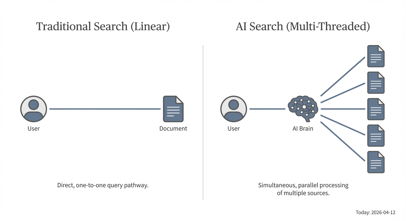 Diagram contrasting linear traditional search with multi-threaded AI search.