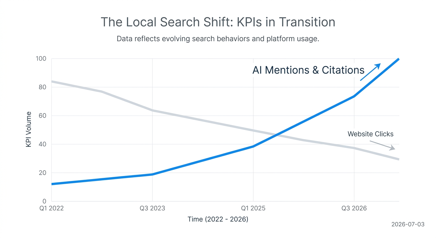 A chart illustrating that AI mentions are becoming a more important KPI than website clicks for local businesses.