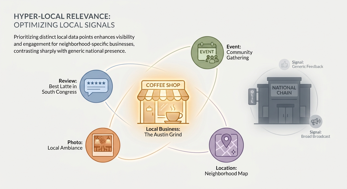 Illustration showing how a single-location business can build stronger local relevance signals than a generic national chain.