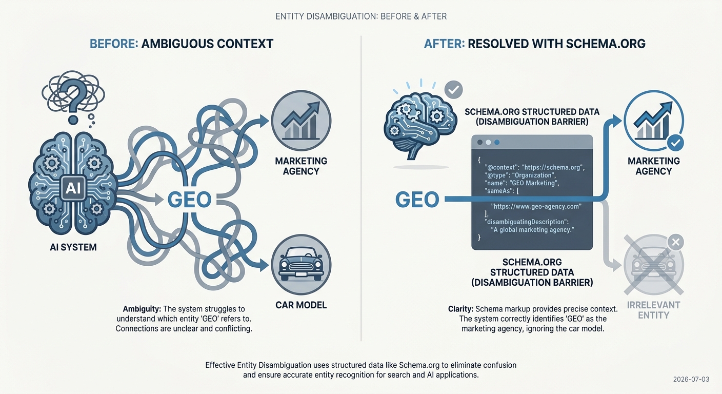Diagram showing how schema markup helps AI disambiguate a brand name from other entities with the same name.